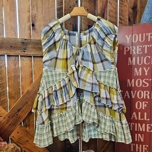 291 Oli & Hali Yellow and Green Plaid Ruffle Tiered Tank